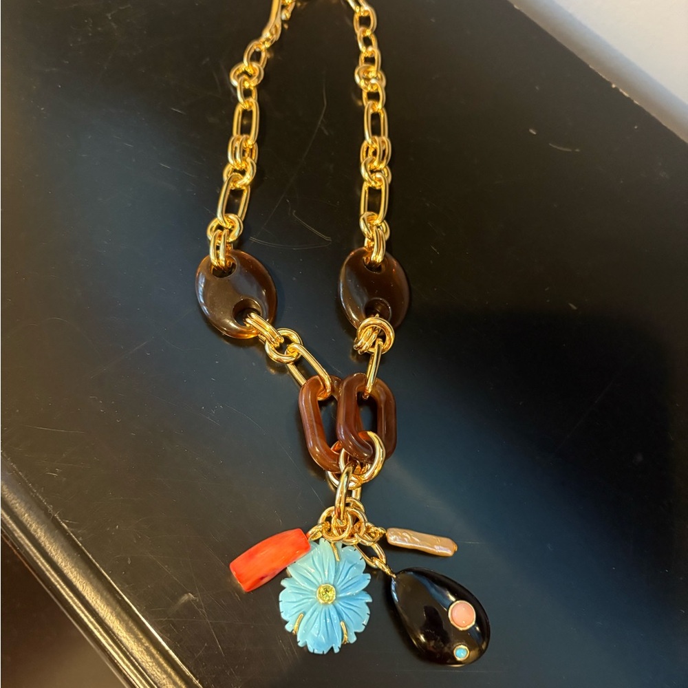 Chic Gold and Brown Necklace with Blue Floral Pendant